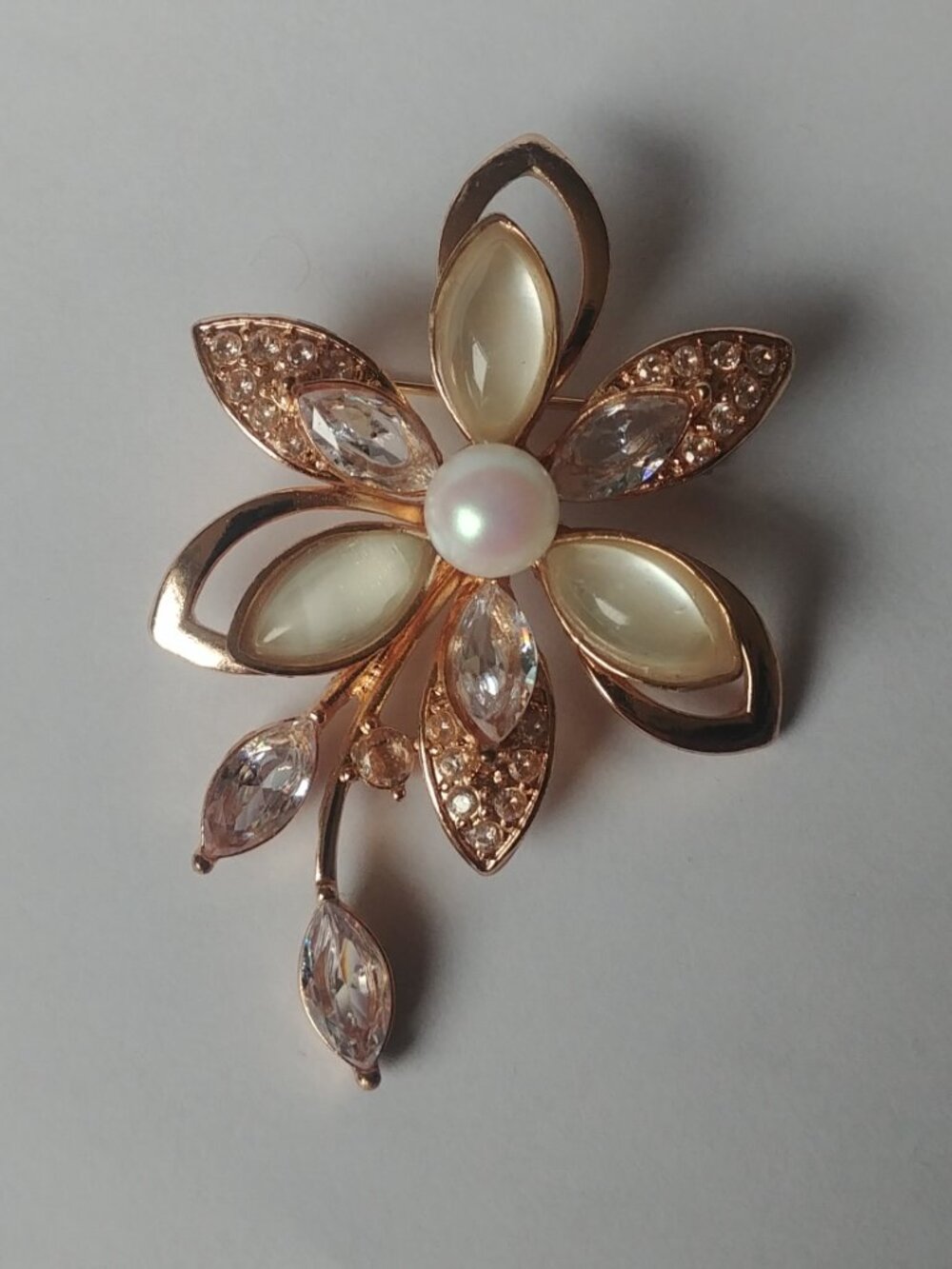 Rose gold tone faux pearl moonstone and crystal flower brooch